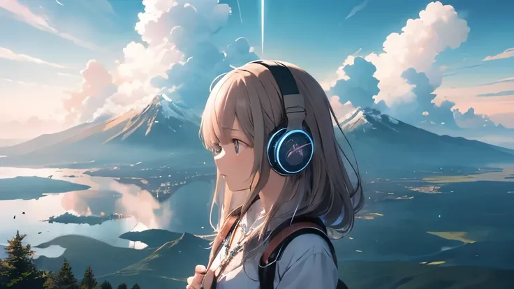 absurd, High resolution, (Official Art, beautiful and aesthetic:1.2), See it up close,
shining sky, The Wide World, girl, Put on your headphones, gaze, awe-inspiring expression, Distant Horizon, cloud, Takayama, Natural Beauty, inspiration, Lighting Effect...