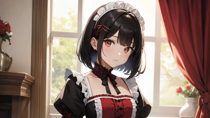 A beautiful girl wearing a red maid outfit with lots of frills and lace　Black bob with hair ornament　Upper Body