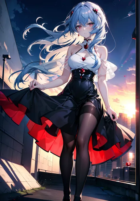 reiayanami, Rei Ayanami, Blue Hair, Long Hair, (Red ruby eyes:1.5),smile,black cold shoulder tops,Short sleeve,black long skirt,Black pantyhose,Stiletto heels,evening,sunset,walking,whole bodyがイラストに入るように,
break outdoors, ビル街
break looking at viewer, whole ...