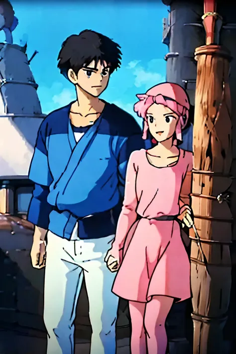 Two teenagers, a boy and a girl, stand side by side, headphones plugged in. The boy has short black hair, and the girl has long pink hair. They smile at each other. The background is white. 90s retro anime style.

