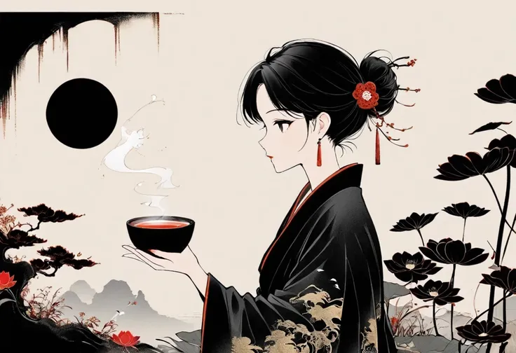 (Leave a lot of white:1.5),white, White background, simple, Minimalism, abstract,Freehand,Aesthetic,Tai Chi,Gossip,Black and white,Taoist style,Ink Painting,antiquity,Lotus,Girl drinking tea