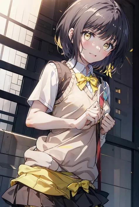 masterpiece, highest quality, Confused, Perfect Anatomy, 1 girl, alone, Itsuwa,short hair,Black Hair,Brown eyes,smile,blush,Open your mouth,Happy atmosphere,Breaking skirt, shirt, bow, ribbon, , white shirt, Short sleeve, Pleated skirt, collared shirt, min...