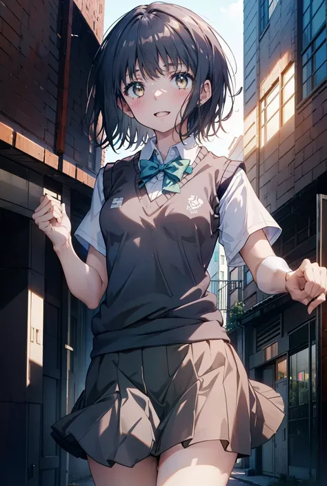 masterpiece, highest quality, Confused, Perfect Anatomy, 1 girl, alone, Itsuwa,short hair,Black Hair,Brown eyes,smile,blush,Open your mouth,Happy atmosphere,Breaking skirt, shirt, bow, ribbon, , white shirt, Short sleeve, Pleated skirt, collared shirt, min...