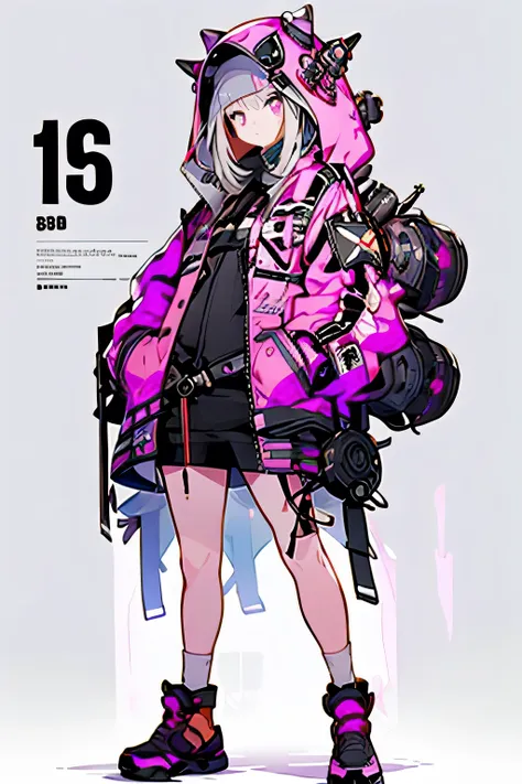 1girl, solo, looking_at_viewer, bangs, simple_background, pink_eyes, hat, long_sleeves, closed_mouth, pink_hair, standing, jacket, full_body, open_clothes, hood, blunt_bangs, grey_background, open_jacket, sleeves_past_wrists, shadow, pink_jacket, zipper, p...