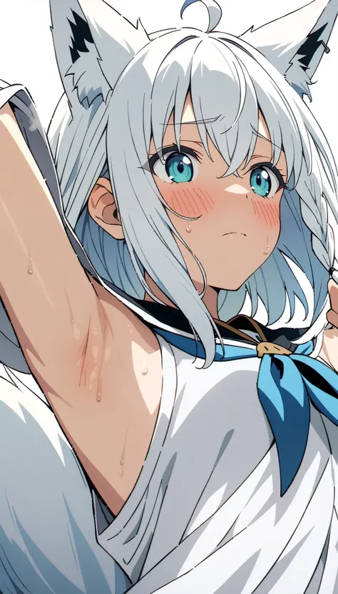 (masterpiece:1.2), hyper detail, best quality, (intricate_details:1.1), beautiful detailed, beautiful hair, solo, 1girl,ANIME COLORING,FUBUKI_BASE, WHITE BLOUSE, DETACHED SLEEVES,BLUE NECKERCHIEF,WHITE HAIR, SINGLE SIDE BRAID, AHOGE, PIERCING,fox ears, FOX...