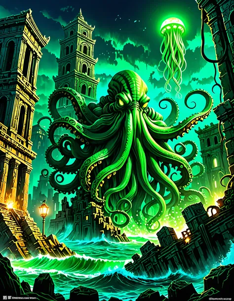 a giant cthulhu、awaken from the ruins of an ancient, desolate city。in the darkness of the deep sea、the green light shines myster...