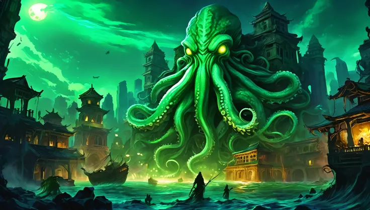 A giant Cthulhu、Awaken from the ruins of an ancient, desolate city。In the darkness of the deep sea、The green light shines mysteriously、The tentacles are moving ominously。Collapsed buildings and ancient artifacts can be seen in the background.。