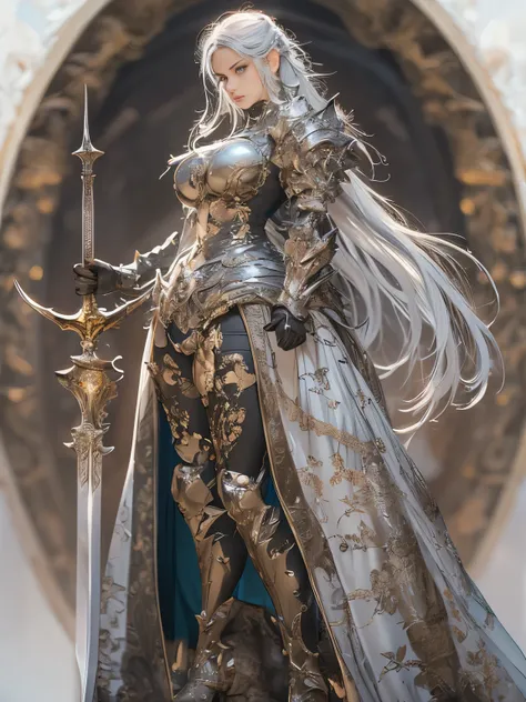 (8k, highest quality, masterpiece: 1.2), (realistic, photorealistic: 1.37), super detailed, one girl, paladin with a sword imbue...