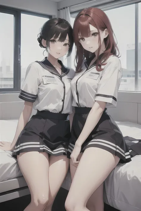 2 girls:2, Redhead, Updo, Facial hair stripes, Red eyes, mascara, skirt, Sagging under the eyes、feet, highest quality, Very detailed, The most delicate and beautiful, High resolution, (highest quality,4K,8k,masterpiece:1.2),Thighs,color、Sailor suit、unifo...