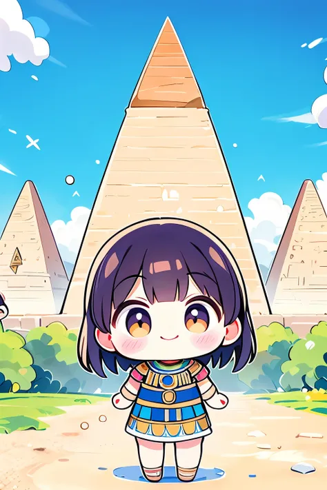 Photorealistic、Chibi Girl Doll（Visit the Egyptian Pyramids、smile、Adventurer Style）