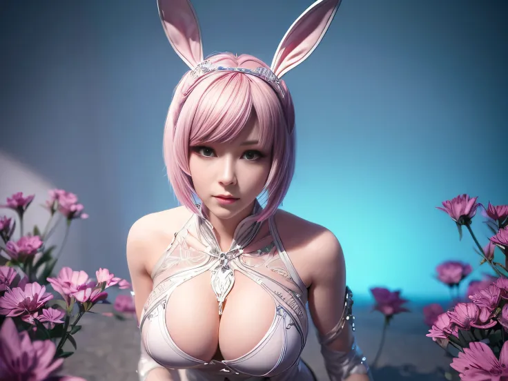 (Best Quality, 8K, Masterpiece, HDR, Soft Lighting, Picture Perfect, Realistic, Vivid), Bunny Girl (1.0), Bunny Girl with Pink Hair and Sexy Skimpy Clothes, pink bodysuit with glitter texture, Beautiful anime fantasy, Very beautiful and cute bunny girl, ra...