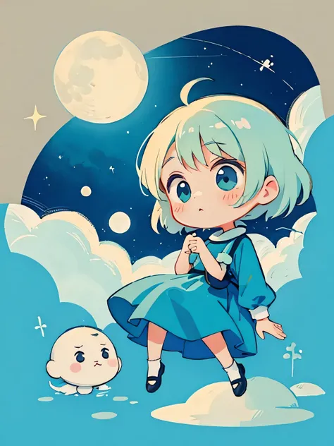 Tove Jansson　style, Kawaii Design, The most beautiful girl of all time、chibi, Moon
