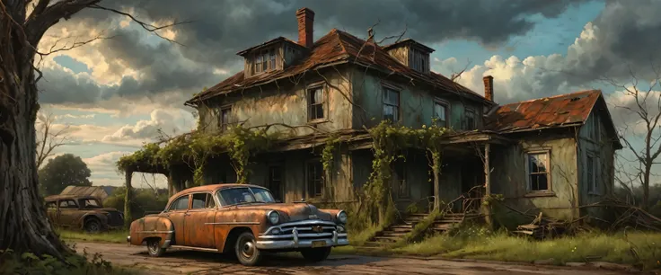 A weathered old house, overgrown with vines, a rusted vintage car parked in the driveway, a gnarled dead tree standing in the foreground, dramatic cloudy sky, cinematic lighting, muted earthy tones, high detail, photorealistic
