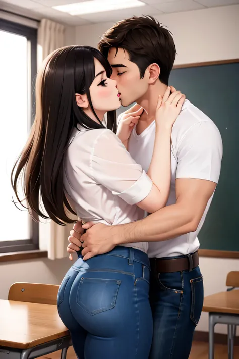 Amazing portrait of a sexy teacher wearing a shirt and jeans kissing and making out passionately with her male student in an empty classroom in an intimate setting