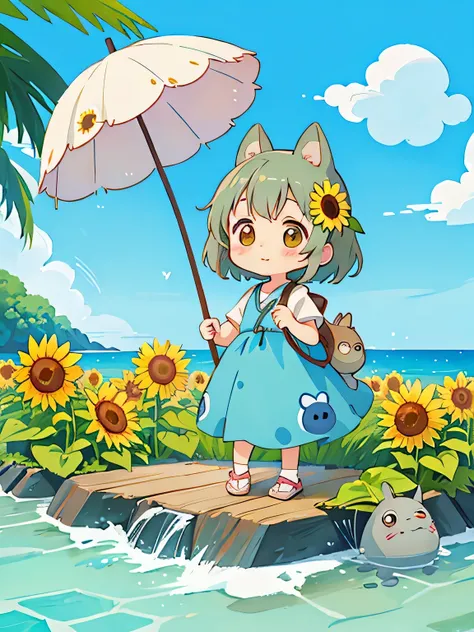 Hayao Miyazaki style, Kawaii Design, most beautiful girl ever、Chibi, Midsummer、Beach、Parasol、sunflower、Cute Totoro