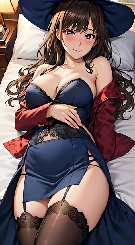 ((Tabletop, highest quality, High resolution, , Pixel Perfect, 4K, ))), Beautiful woman,, alone, beauty、The whole body is visible、 (((Sexy Witch Cosplay), Long dark blonde wavy hair、Off-the-shoulder jacket,　Dark blue flared skirt、Witch Hat、, bangs, Pink la...