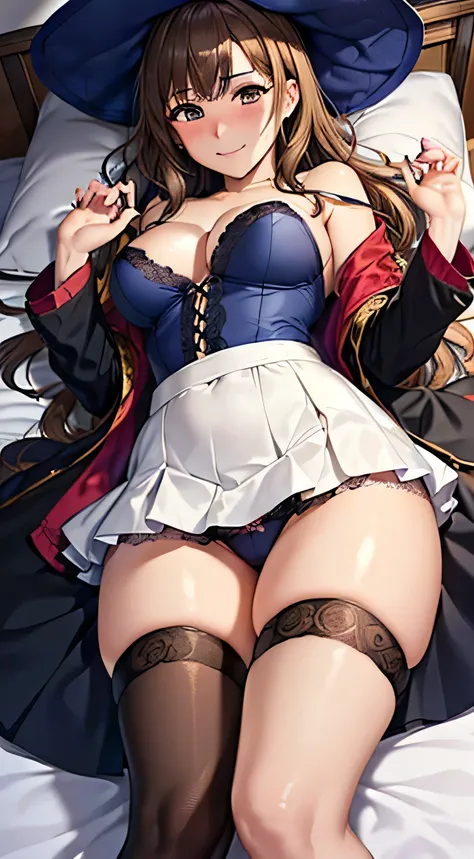 ((Tabletop, highest quality, High resolution, , Pixel Perfect, 4K, ))), Beautiful woman,, alone, beauty、The whole body is visible、 (((Sexy Witch Cosplay), Long dark blonde wavy hair、Off-the-shoulder jacket,　Dark blue flared skirt、Witch Hat、, bangs, Pink la...