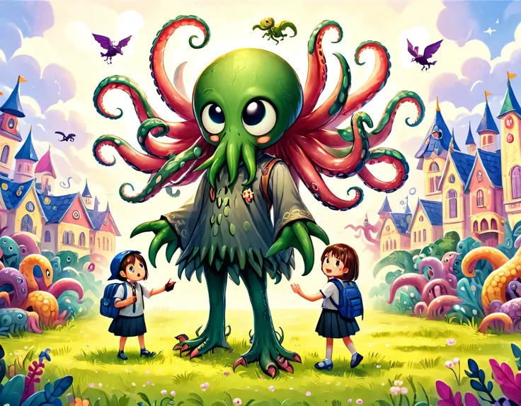 Illustration of Cthulhu, an evil god, (Six eyes, Countless tentacles), Tentacles spread in all directions, Intricate intertwining tentacles, Cute Cthulhu leaving school hand in hand with a primary school student, elaborately painted face, 