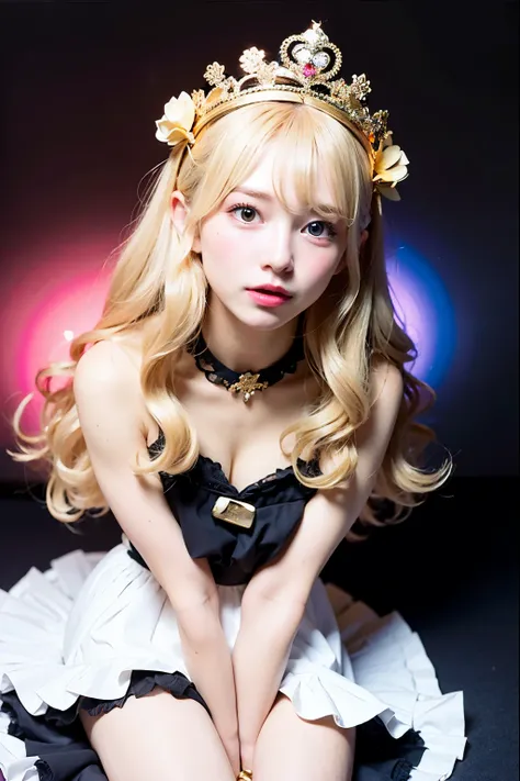 A cute  girl with long, flowing blonde hair and golden eyes, wearing a purple and white frilly dress with a crown-like headpiece. She has a surprised expression on her face, with a magical, glowing aura surrounding her. The prompt could be: magical girl wi...