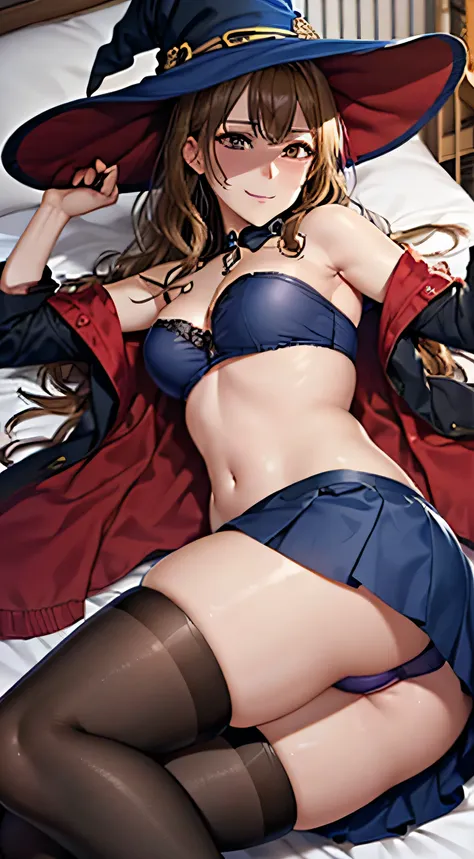 ((Tabletop, highest quality, High resolution, , Pixel Perfect, 4K, ))), Beautiful woman,, alone, beauty、The whole body is visible、 (((Sexy Witch Cosplay), Long dark blonde wavy hair、Off-the-shoulder jacket,　Dark blue flared skirt、Witch Hat、, bangs, Pink la...