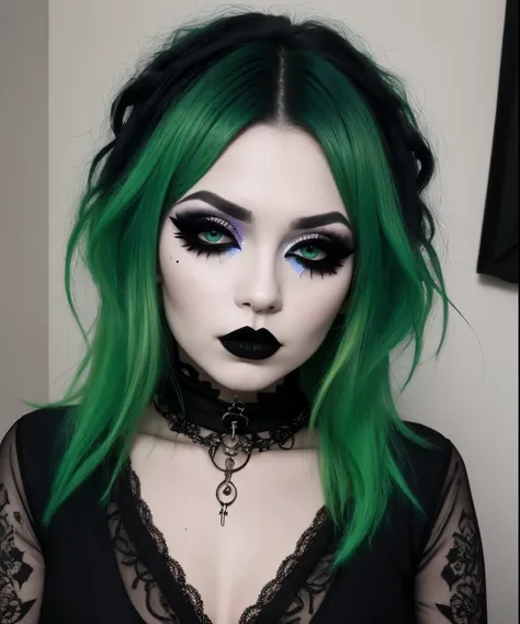 bce, 1girl, green hair, black eyes, asymmetrical hair, bedroom, goth, goth makeup, smoky eyes, eyeshadow, eyeliner