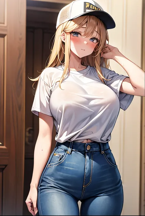 masterpiece, highest quality, 1 girl, Beautiful face in every detail, (Embarrassing), Browsing Caution, Blonde Hair, Baseball Cap、((blush)), (Sweat), A tight T-shirt that reveals the shape of your breasts、long denim pants、 (Big Breasts)、Standing pose