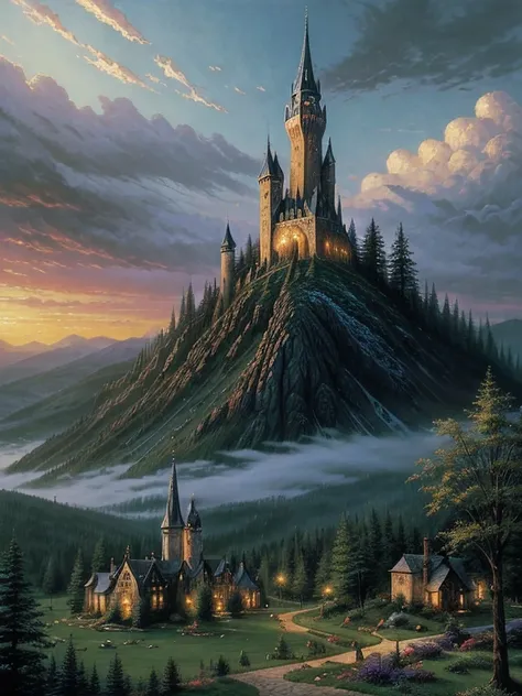 A tall, dark, sinister, forbidding wizards tower at the foot of a mountain range, surrounded by stone walls and forest, painting by Thomas Kinkade