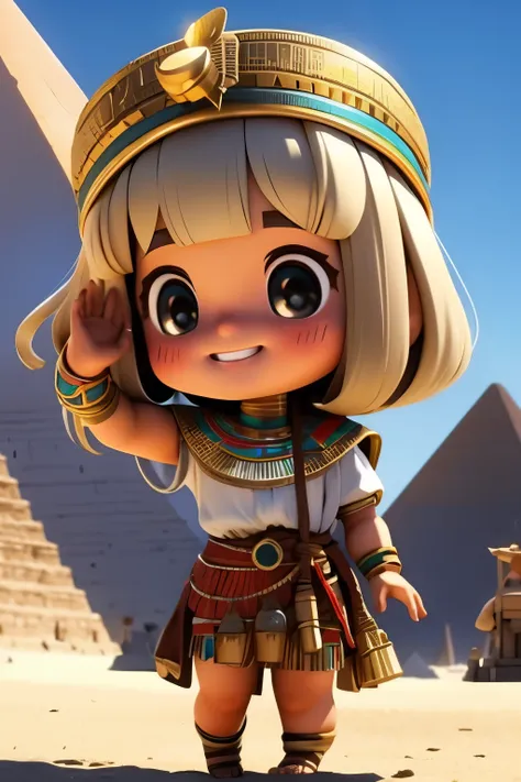 Photorealistic、Chibi Girl Doll（Visit the Egyptian Pyramids、smile、Adventurer Style）