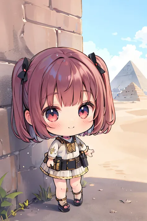 Photorealistic、Chibi Girl Doll（Visit the Egyptian Pyramids、smile、Adventurer Style）