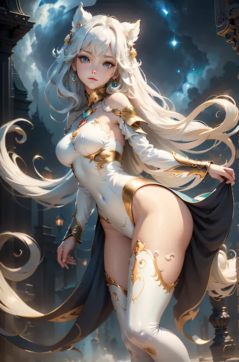 (masterpiece:1.4, highest quality, Dutch Angle)(One girl, alone)(Medium chest, White Hair、Super Long Hair, Aqua Eye)(smile, Floating Hair)(universe、milky way,FanRu)、(from behind:1.5, Look back here、Beautiful ass、Beautiful shoulder blade), Over-the-knee boo...