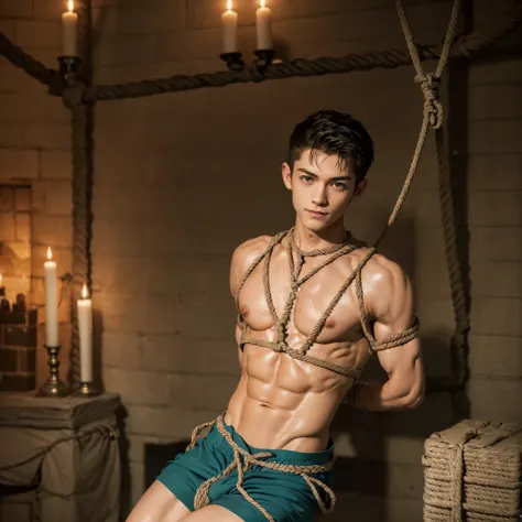  (((18 year old shirtless, very skinny twink))), fair hair, handsome face, smile (((wearing gym shorts))) biceps flexed, kneeling, ((((Trussed up completely with rope)))), ((((very tight rope crossed over chest)))),(((body in tight shibari ropes))) sweatin...