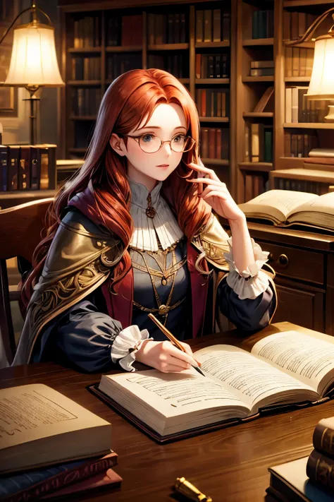 Renaissance woman glasses long auburn hair in a coat and dress  writing laboratory  fictional books lamp writing in book Renaissance decore 