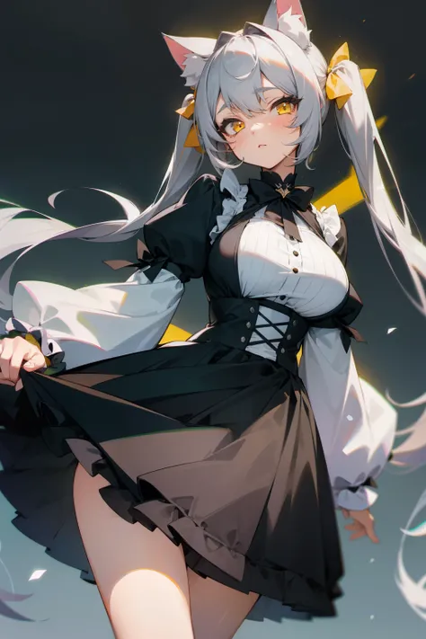 Girl, gray hair, pigtails, Yellow eyes, cat ears, beautiful black and white dress, big breasts, skirt 