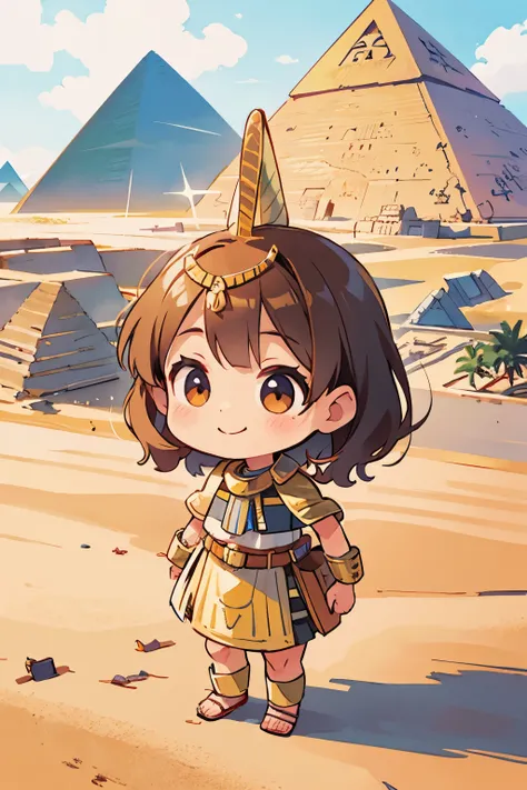 Photorealistic、Chibi Girl（Visit the Egyptian Pyramids、smile、Adventurer Style）