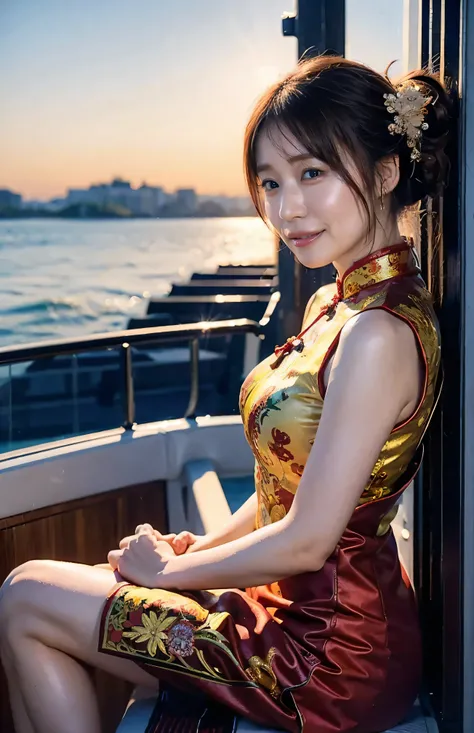 The sky turns red、Hair swaying in the wind、China at night、((hair ornaments:1.5)).A gorgeous gold embroidered cheongsam、hair ornaments、Tie your hair elegantly、Gorgeous silk cheongsam、((Standing on a boat and posing sexy、A luxurious and shiny embroidered che...