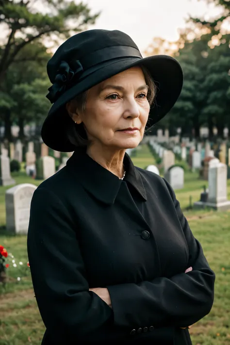 create the image of a 70 year old woman in a cemetery dressed all in black with a hat on her head 