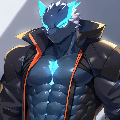 Thin macho　western black dragon　　abs　　　　　Hollow abs　　body suit　　thick arms　　　chest rig　　　、sweaty　　　skin glow　　profile　　Wearily　short of breath　　  　Chemo shota　　Thick chest have a 　blue eyes　Tired look　Glowing abs　Deep abdominals jacket　profile