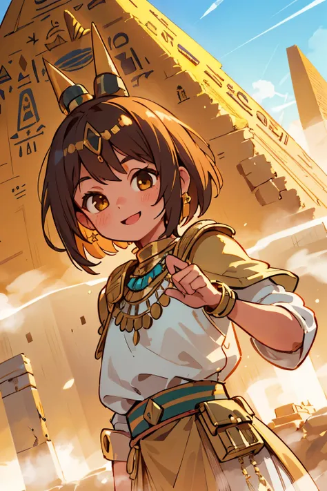 a young girl visiting the egyptian pyramids, smiling, adventurous style, energetic, highly detailed, photorealistic, 8k, hyperrealistic, extremely detailed, cinematic lighting, warm color tones, dramatic shadows, ornate jewelry, intricate clothing details,...