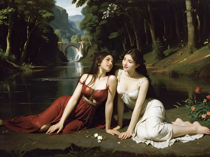 Giorgione painting style,Barbizon forest A beautiful woman in Greek dress smiles on the shore,Sweet and seductive appearance.、Caravaggios paintings、Chiaroscuro of Caravaggio、hair tousled by the wind,Two women frolicking,cute smile, expression of ecstasy,Se...