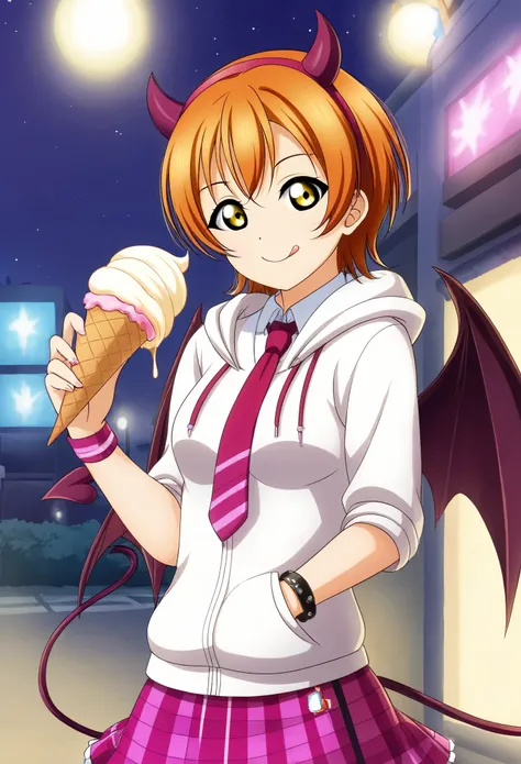 Masterpiece, best quality,Hoshizora rin,cowboy shot,solo ,yellow eyes, orange hair, looking_at_viewer, smile, short_hair, simple_background, shirt, white_background, holding, jewelry, yellow_eyes, frills, food, wings, necktie, horns, tongue, hood, tongue_o...