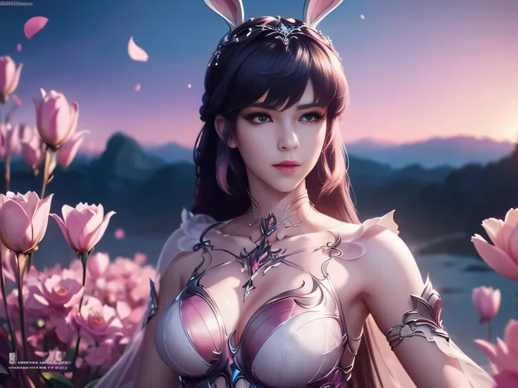 (Best Quality, 8K, Masterpiece, HDR, Soft Lighting, Picture Perfect, Realistic, Vivid), Bunny Girl (1.0), Bunny Girl with Pink Hair and Sexy Skimpy Clothes, pink bodysuit with glitter texture, Beautiful anime fantasy, Very beautiful and cute bunny girl, ra...