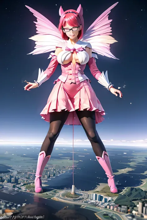 giantess art, highly detailed giantess shots, giantess, Two legs, Five fingers, short hair, A beautiful girl who is bigger than a skyscraper, Wearing rimless glasses, smile, huge breasts, pink dress, bow, magical girl, holding a magical wand, black pantyho...