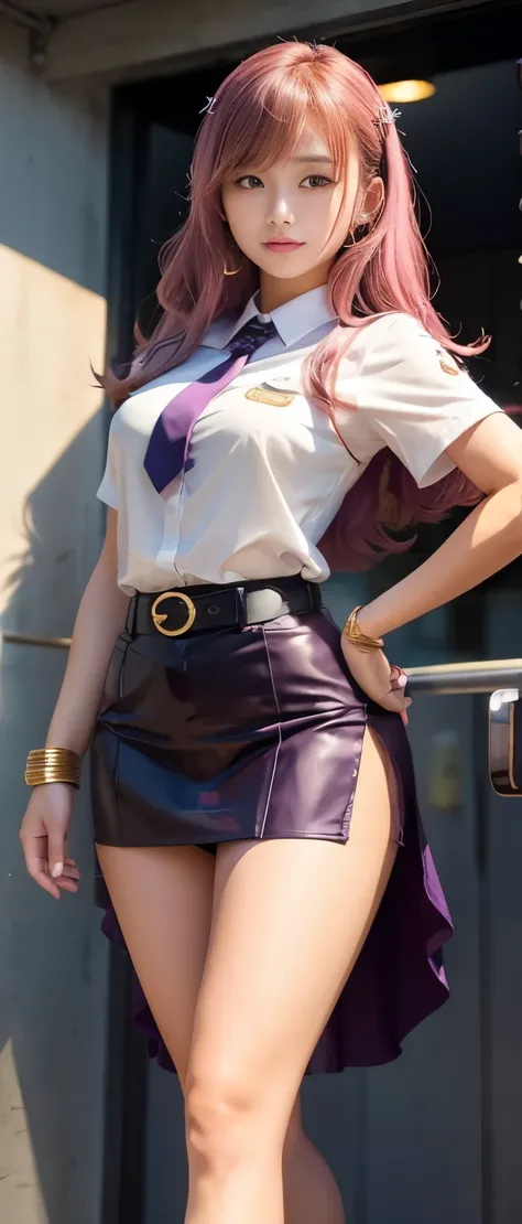 Tall gorgeous idol girl、whole body、Good style、、、、、、、、、、Tanned thick legs、、Gold and purple tight mini skirt uniform、、Hero Belt、Light-colored hair