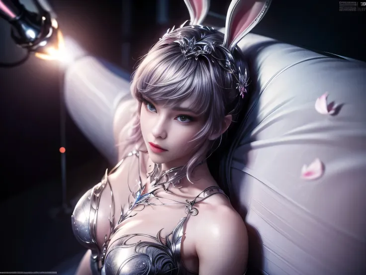 (Best Quality, 8K, Masterpiece, HDR, Soft Lighting, Picture Perfect, Realistic, Vivid), Bunny Girl (1.0), Bunny Girl with Pink Hair and Sexy Skimpy Clothes, pink bodysuit with glitter texture, Beautiful anime fantasy, Very beautiful and cute bunny girl, ra...