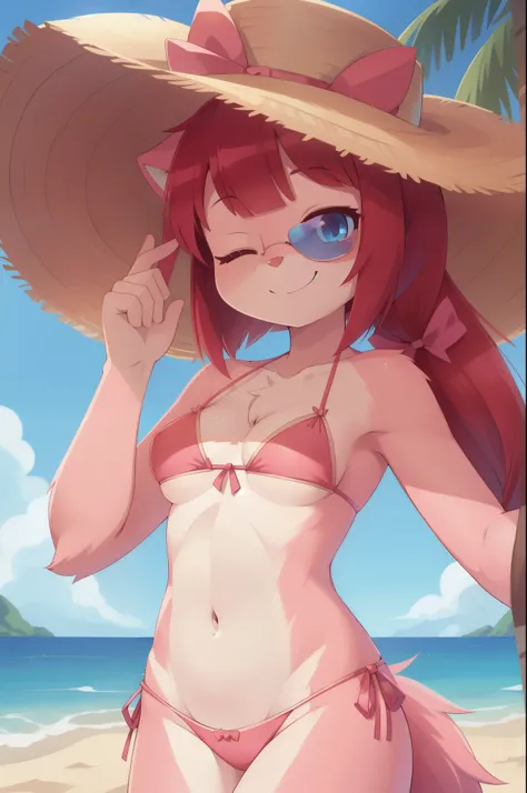 furry girl, cat, red hair, Knight bangs hairstyle, long ponytail, anime style, medium breasts, blue eyes, ((bright pink bikini Bandeau with bow in the center, side bows at the bottom, Sunglasses, wide-brimmed hat)), high quality, detailed body, detailed ey...