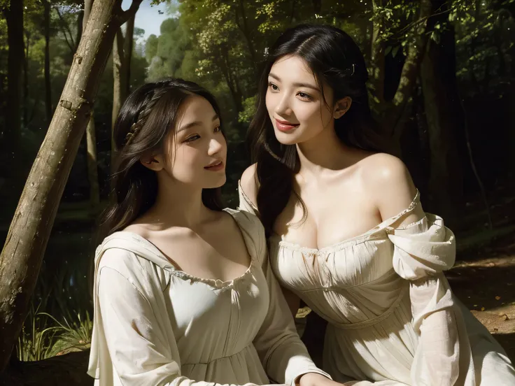 Giorgione painting style,Barbizon forest A beautiful woman in Greek dress smiles on the shore,Sweet and seductive appearance.、Caravaggios paintings、Chiaroscuro of Caravaggio、hair tousled by the wind,Two women frolicking,cute smile, expression of ecstasy,Se...