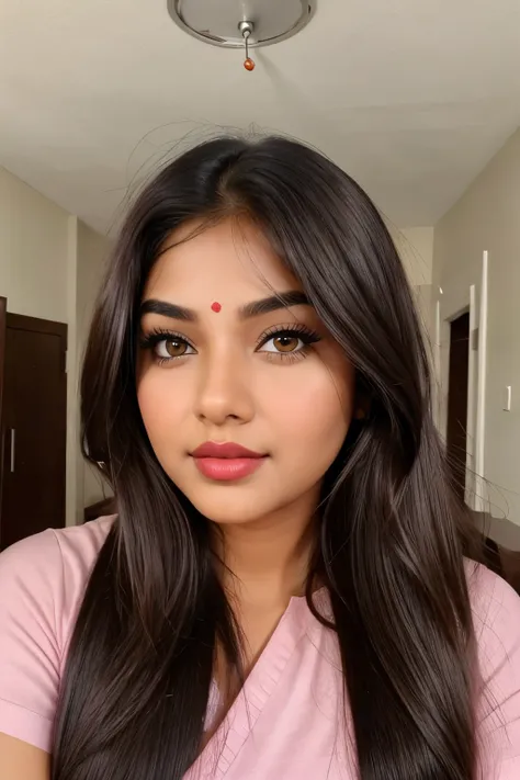 Dark eye brow and good looking brown eye nose should be sharp and have a rose lips and chubby face with long hair. Generate a Indian girl face