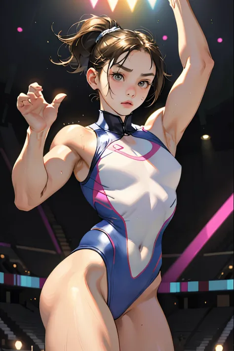 Realistic，15-year-old girl.Wearing a leotard，Gymnast，Gymnastics arena，笑face，face，Skin realism, Y-shaped balance