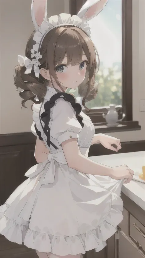 ((best quality)), ((masterpiece)), (detailed), perfect detailed eyes, perfect detailed face, ultra-detailed nose, brown hair, twin drills, hairband, rabbit ears, rabbit tail, blurry, reflection light, three sided view, maid outfit, maid girl, frilly apron