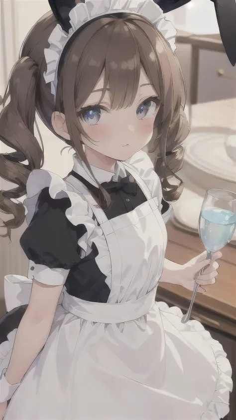 ((best quality)), ((masterpiece)), (detailed), perfect detailed eyes, perfect detailed face, ultra-detailed nose, brown hair, twin drills, hairband, rabbit ears, rabbit tail, blurry, reflection light, three sided view, maid outfit, maid girl, frilly apron